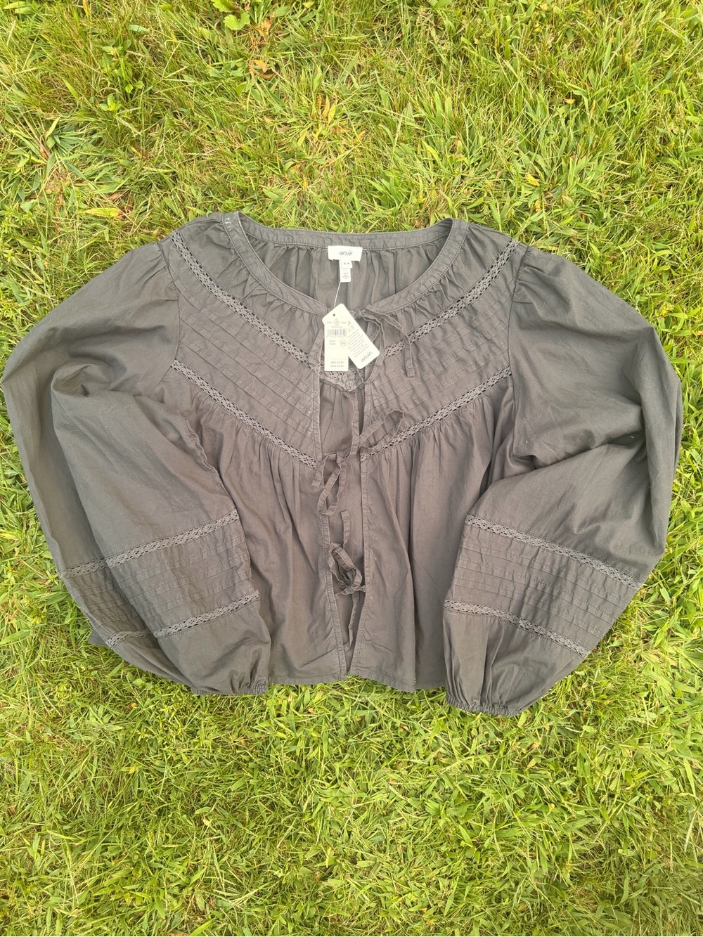aerie charcoal gray peasant tie-front blouse